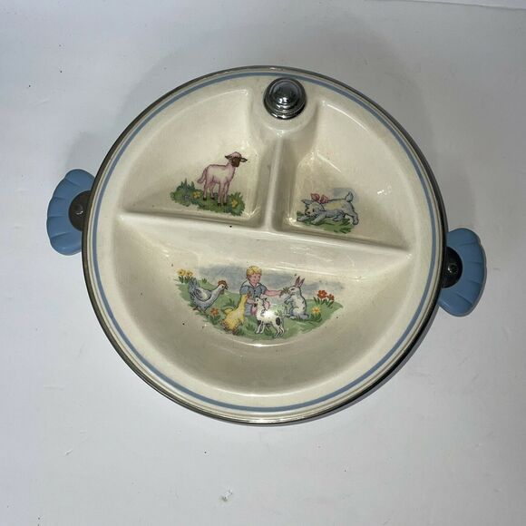 Bartsh Vintage 3 Section Baby Warming Dish Lamb Puppy Duck Chrome Plated - Picture 2 of 9